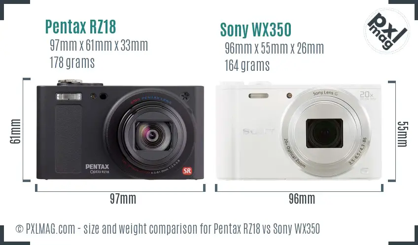 Pentax RZ18 vs Sony WX350 size comparison