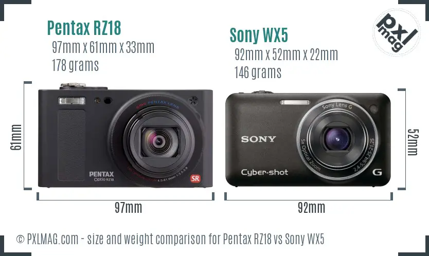 Pentax RZ18 vs Sony WX5 size comparison