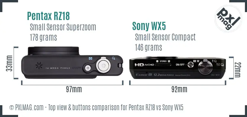 Pentax RZ18 vs Sony WX5 top view buttons comparison
