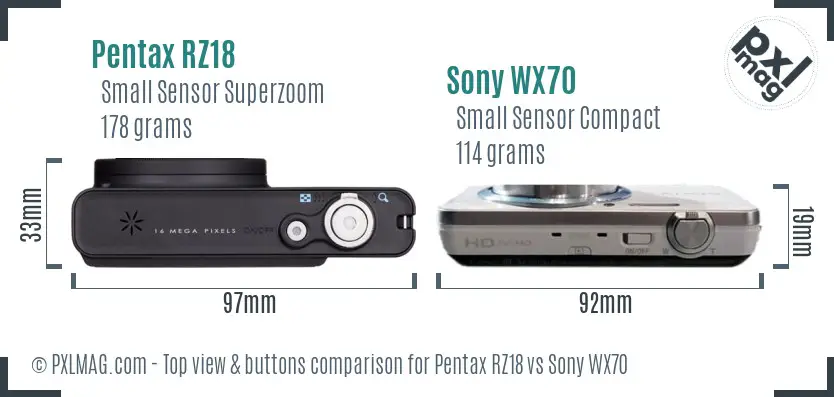 Pentax RZ18 vs Sony WX70 top view buttons comparison Pentax RZ18 vs Sony WX70 top view buttons comparison