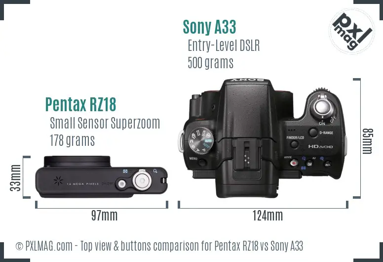 Pentax RZ18 vs Sony A33 top view buttons comparison Pentax RZ18 vs Sony A33 top view buttons comparison