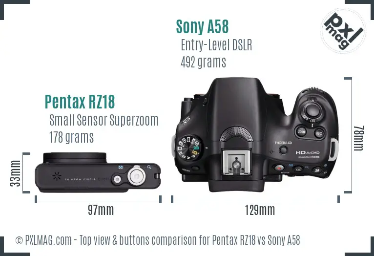 Pentax RZ18 vs Sony A58 top view buttons comparison