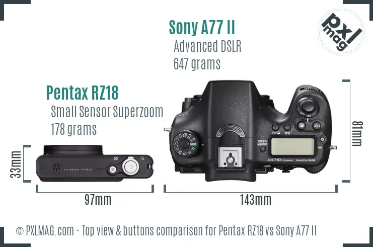 Pentax RZ18 vs Sony A77 II top view buttons comparison Pentax RZ18 vs Sony A77 II top view buttons comparison