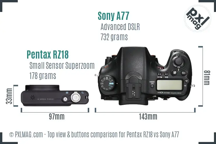 Pentax RZ18 vs Sony A77 top view buttons comparison