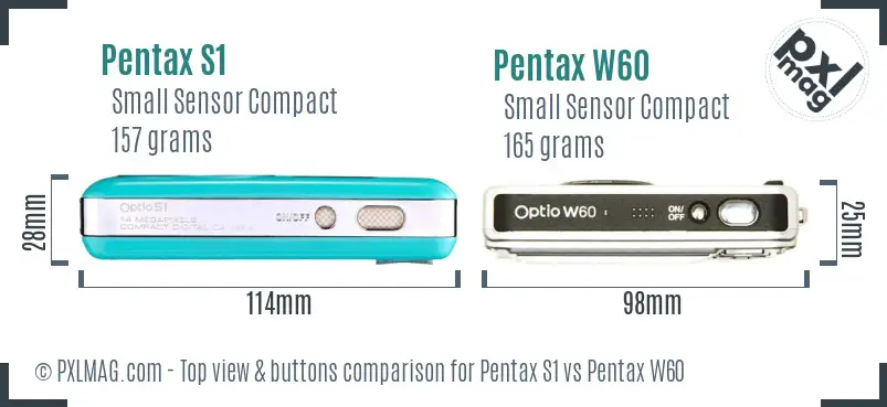 Pentax S1 vs Pentax W60 top view buttons comparison