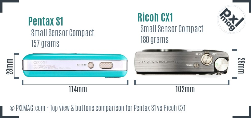 Pentax S1 vs Ricoh CX1 top view buttons comparison