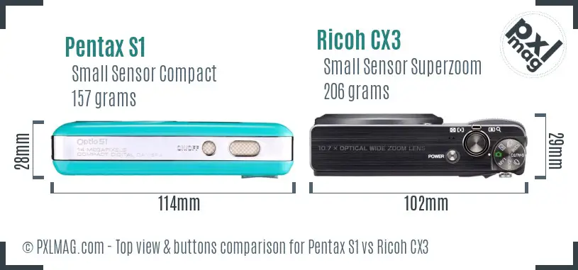 Pentax S1 vs Ricoh CX3 top view buttons comparison Pentax S1 vs Ricoh CX3 top view buttons comparison