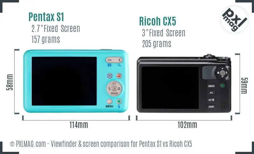 Pentax S1 vs Ricoh CX5 Screen and Viewfinder comparison