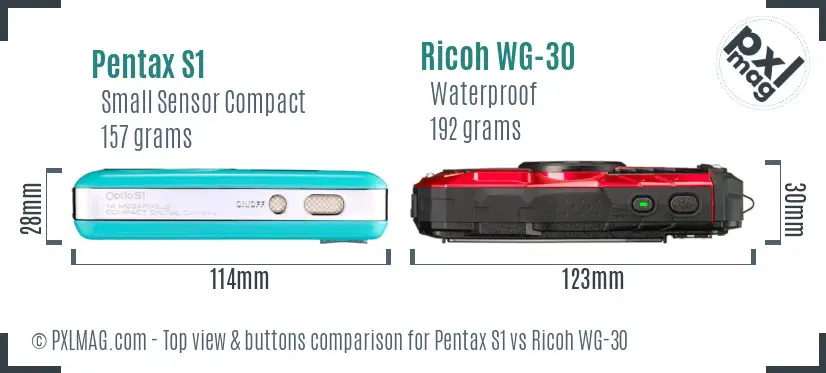 Pentax S1 vs Ricoh WG-30 top view buttons comparison Pentax S1 vs Ricoh WG-30 top view buttons comparison