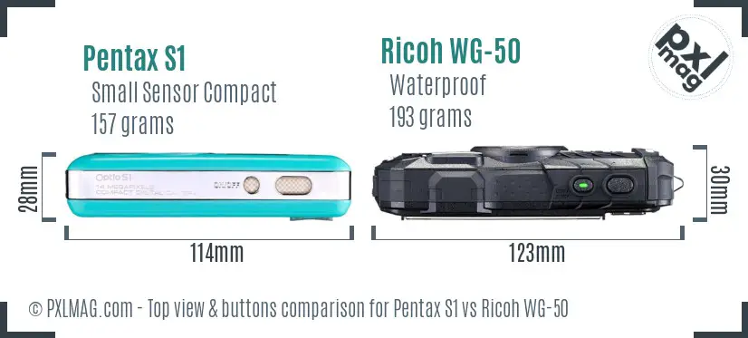 Pentax S1 vs Ricoh WG-50 top view buttons comparison
