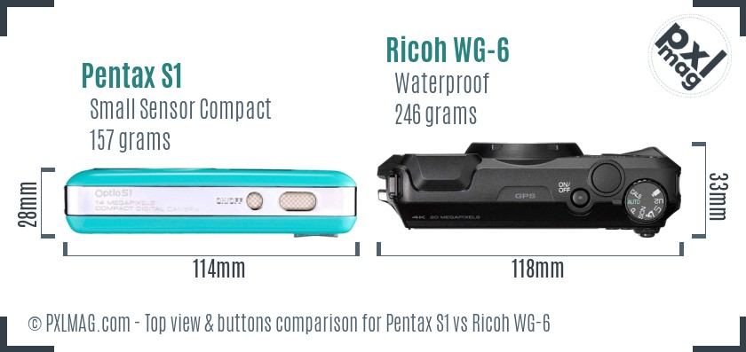 Pentax S1 vs Ricoh WG-6 top view buttons comparison