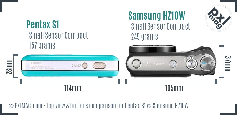 Pentax S1 vs Samsung HZ10W top view buttons comparison