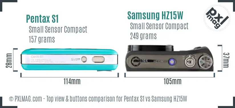 Pentax S1 vs Samsung HZ15W top view buttons comparison Pentax S1 vs Samsung HZ15W top view buttons comparison