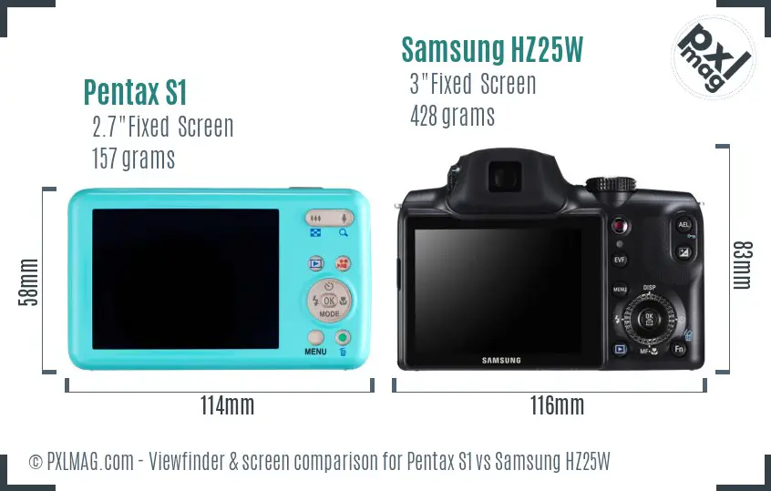 Pentax S1 vs Samsung HZ25W Screen and Viewfinder comparison