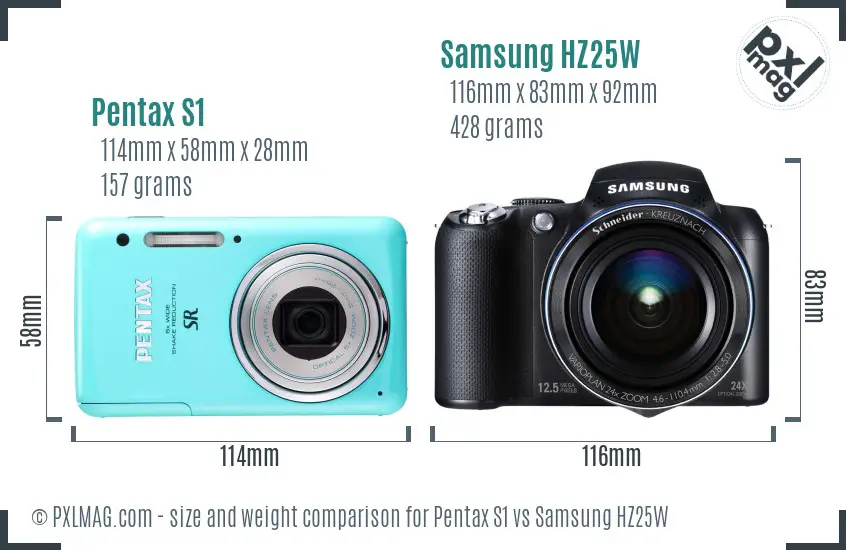Pentax S1 vs Samsung HZ25W size comparison