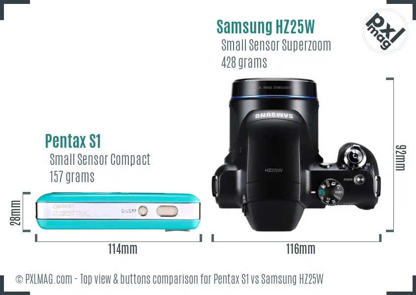 Pentax S1 vs Samsung HZ25W top view buttons comparison
