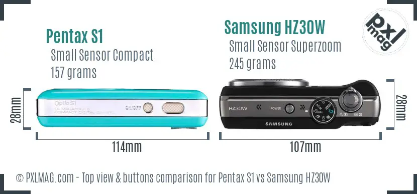 Pentax S1 vs Samsung HZ30W top view buttons comparison