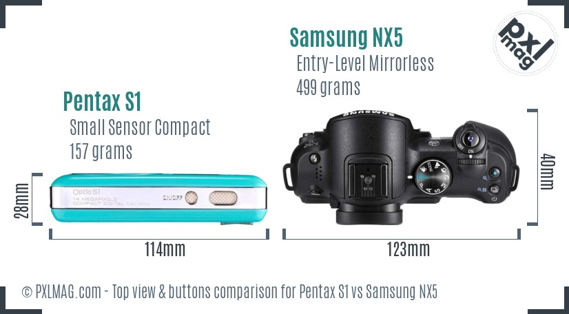 Pentax S1 vs Samsung NX5 top view buttons comparison