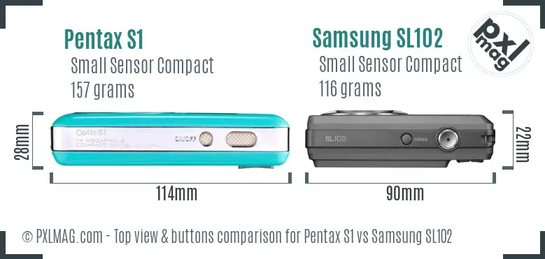 Pentax S1 vs Samsung SL102 top view buttons comparison Pentax S1 vs Samsung SL102 top view buttons comparison