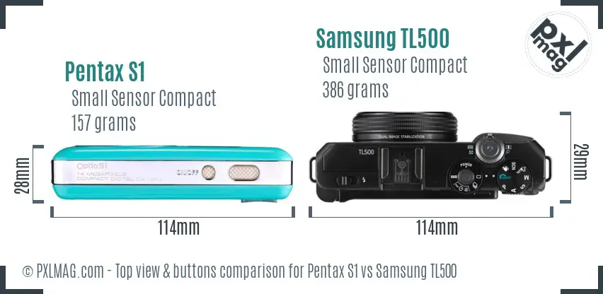 Pentax S1 vs Samsung TL500 top view buttons comparison Pentax S1 vs Samsung TL500 top view buttons comparison