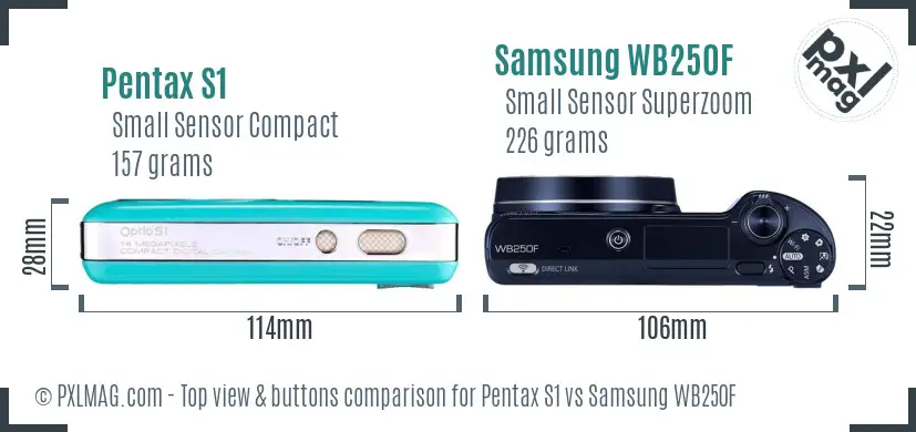 Pentax S1 vs Samsung WB250F top view buttons comparison Pentax S1 vs Samsung WB250F top view buttons comparison
