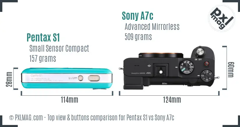 Pentax S1 vs Sony A7c top view buttons comparison