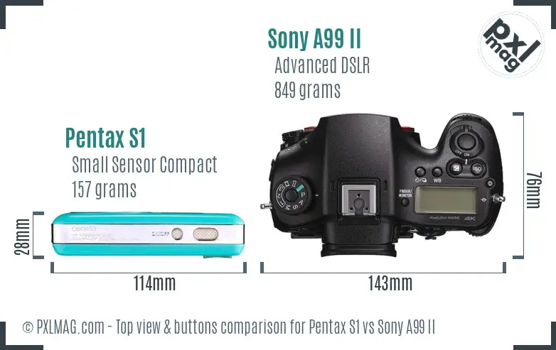 Pentax S1 vs Sony A99 II top view buttons comparison