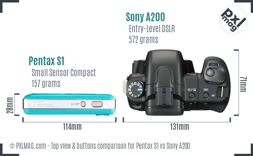 Pentax S1 vs Sony A200 top view buttons comparison