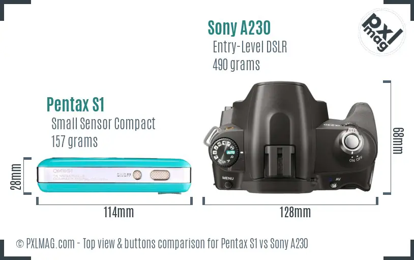 Pentax S1 vs Sony A230 top view buttons comparison