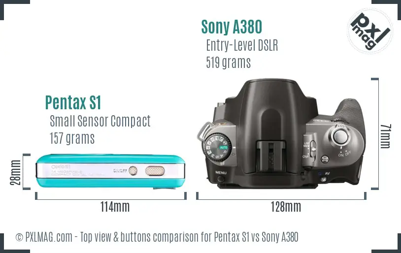 Pentax S1 vs Sony A380 top view buttons comparison
