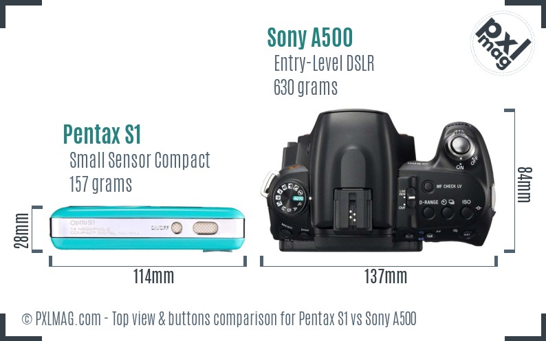 Pentax S1 vs Sony A500 top view buttons comparison