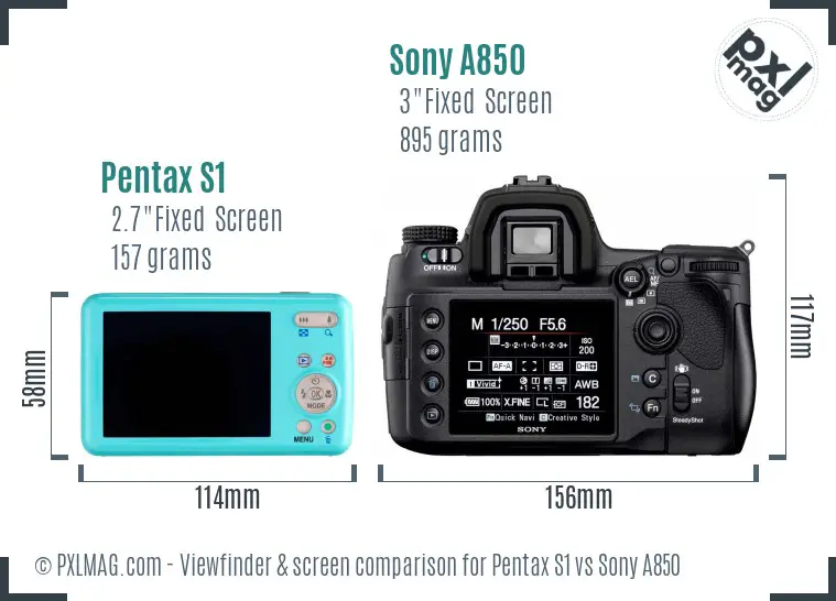 Pentax S1 vs Sony A850 Screen and Viewfinder comparison