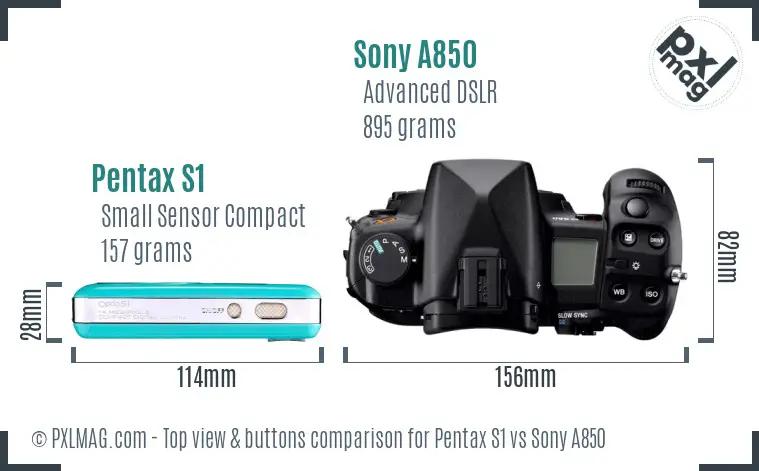 Pentax S1 vs Sony A850 top view buttons comparison