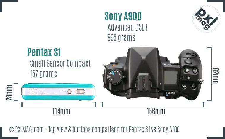 Pentax S1 vs Sony A900 top view buttons comparison Pentax S1 vs Sony A900 top view buttons comparison