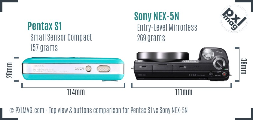Pentax S1 vs Sony NEX-5N top view buttons comparison