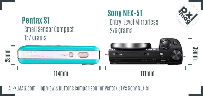 Pentax S1 vs Sony NEX-5T top view buttons comparison Pentax S1 vs Sony NEX-5T top view buttons comparison