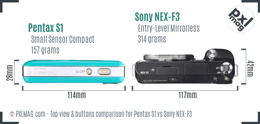 Pentax S1 vs Sony NEX-F3 top view buttons comparison
