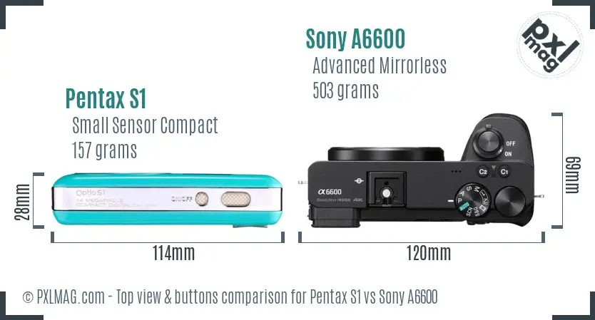 Pentax S1 vs Sony A6600 top view buttons comparison Pentax S1 vs Sony A6600 top view buttons comparison