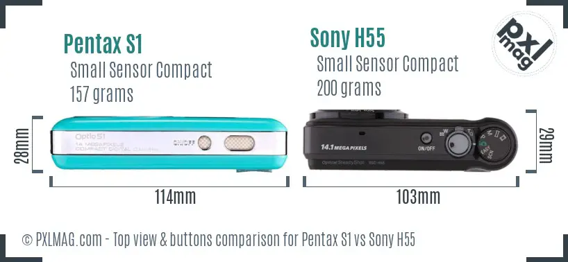 Pentax S1 vs Sony H55 top view buttons comparison Pentax S1 vs Sony H55 top view buttons comparison