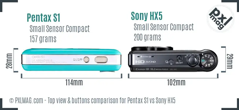 Pentax S1 vs Sony HX5 top view buttons comparison