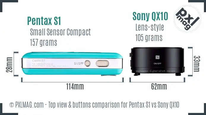 Pentax S1 vs Sony QX10 top view buttons comparison Pentax S1 vs Sony QX10 top view buttons comparison