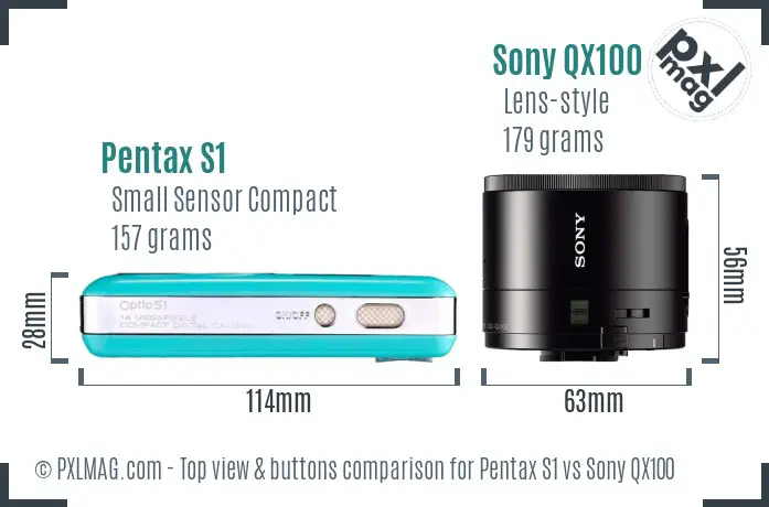 Pentax S1 vs Sony QX100 top view buttons comparison Pentax S1 vs Sony QX100 top view buttons comparison