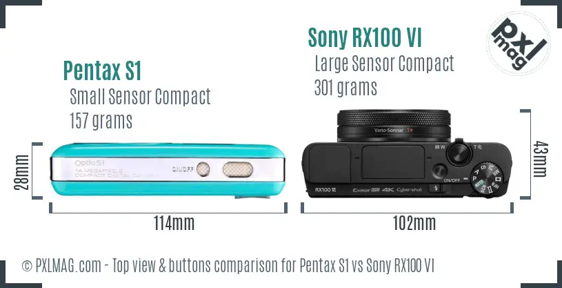 Pentax S1 vs Sony RX100 VI top view buttons comparison