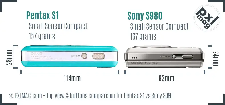 Pentax S1 vs Sony S980 top view buttons comparison Pentax S1 vs Sony S980 top view buttons comparison