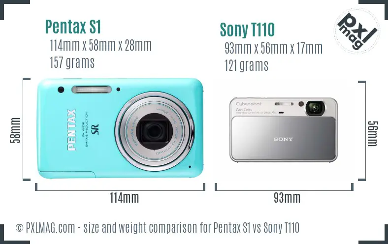 Pentax S1 vs Sony T110 size comparison