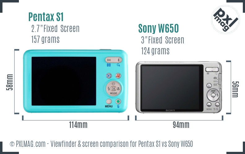 Pentax S1 vs Sony W650 Screen and Viewfinder comparison