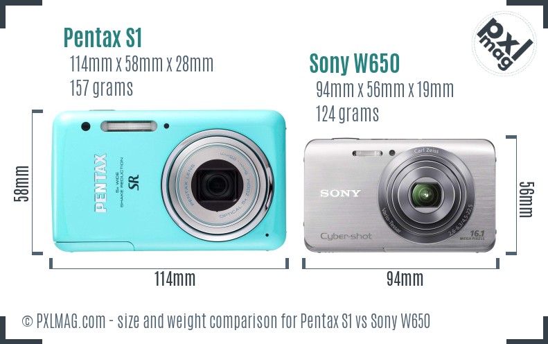 Pentax S1 vs Sony W650 size comparison
