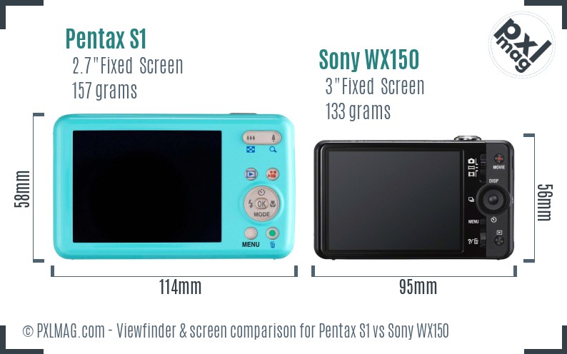 Pentax S1 vs Sony WX150 Screen and Viewfinder comparison