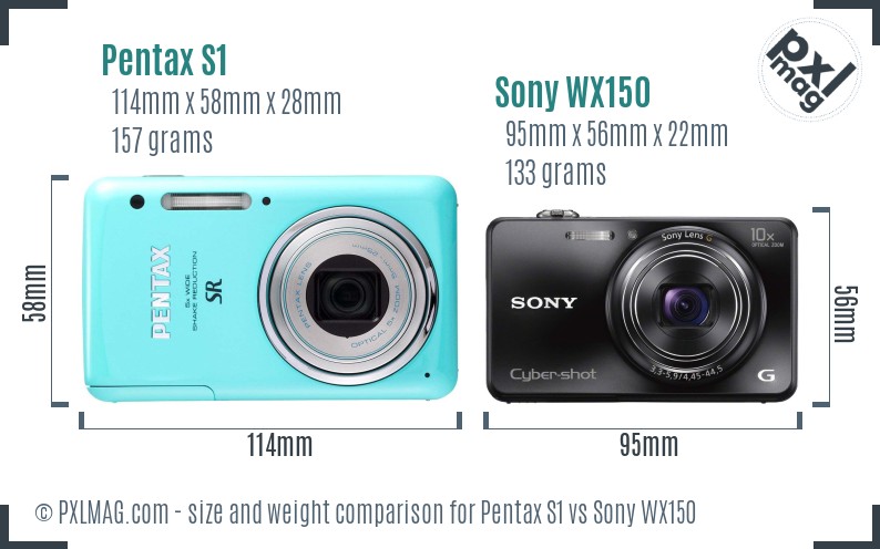 Pentax S1 vs Sony WX150 size comparison