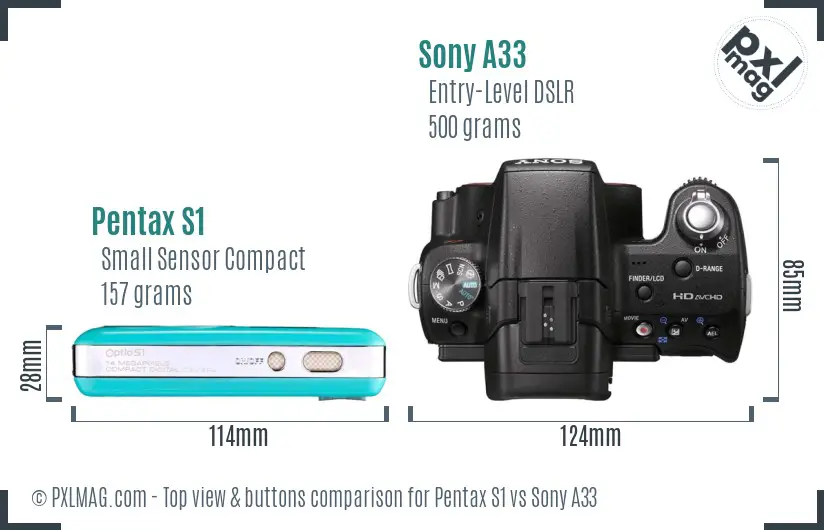 Pentax S1 vs Sony A33 top view buttons comparison Pentax S1 vs Sony A33 top view buttons comparison